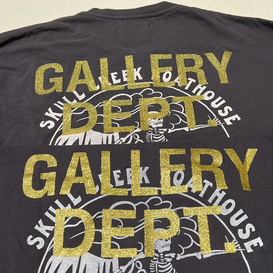 Authentic sample GALLERY DEPT. SKULL CREEK L/S TEE/BLK Glitter skull surf long sleeves, washed black S-XL, garment dyed, washed and distressed, printing has a full sense of distress